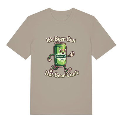 Stone Heinekant T-shirt flat lay displaying "It's Beer Can Not Beer Can't" pun design