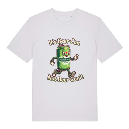 White Heinekant T-shirt flat lay with cheerful running beer can beer pun illustration