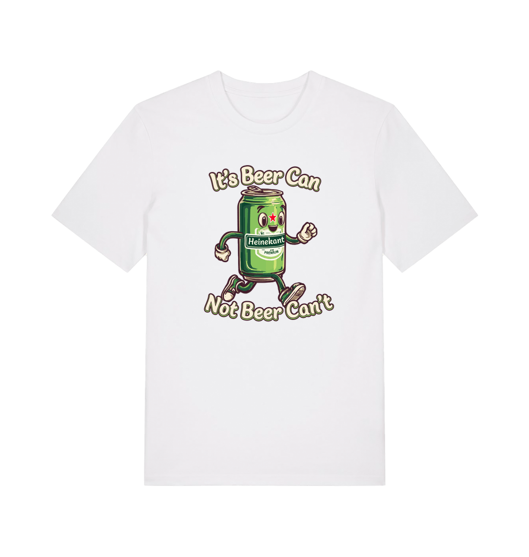white funny graphic t-shirt with a cartoon beer can and the slogan 'its beer can not beer cant'