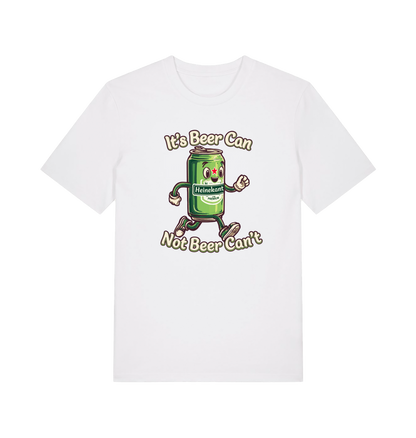 white funny graphic t-shirt with a cartoon beer can and the slogan 'its beer can not beer cant'