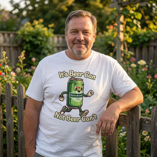 Man by garden fence in white It’s Beer Can Not Beer Can’t t-shirt featuring running Heinekant can, funny mens witty fun beer banter pub