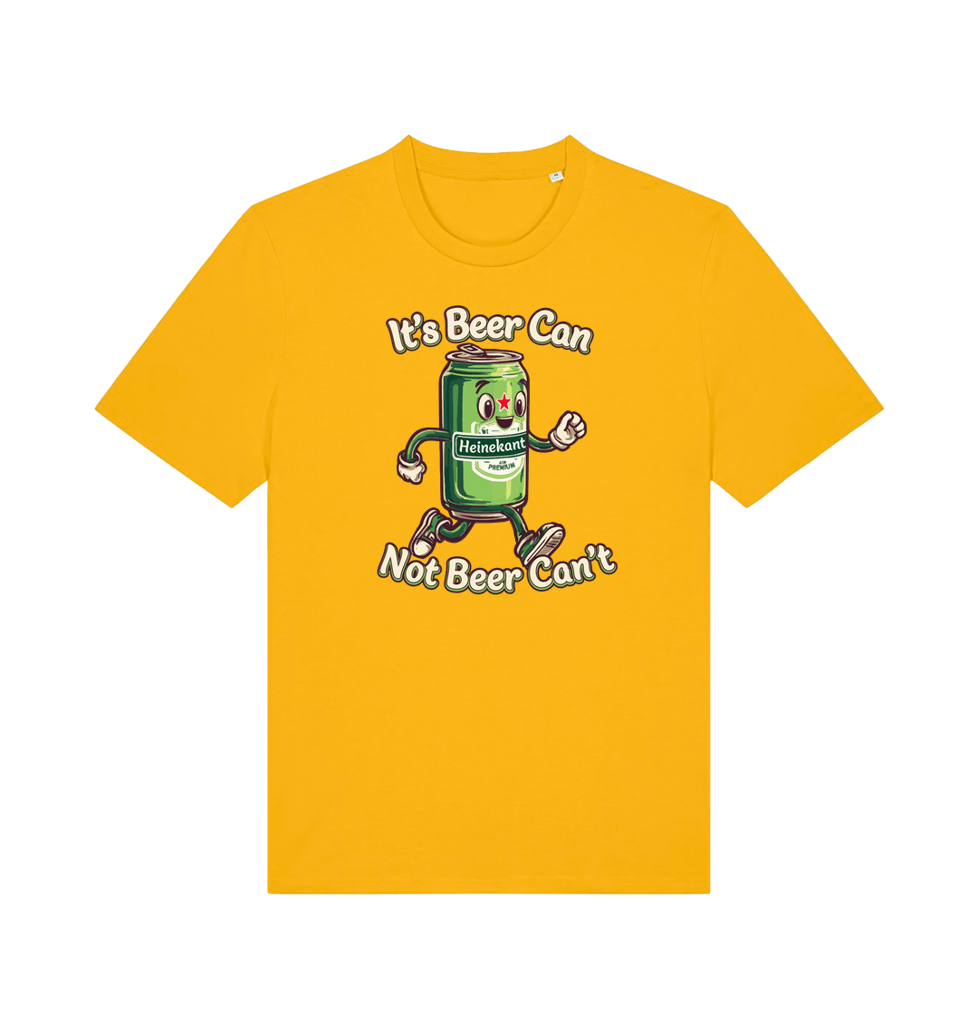 yellow funny graphic t-shirt with a cartoon beer can and the slogan 'its beer can not beer cant'