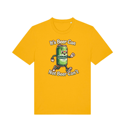 yellow funny graphic t-shirt with a cartoon beer can and the slogan 'its beer can not beer cant'