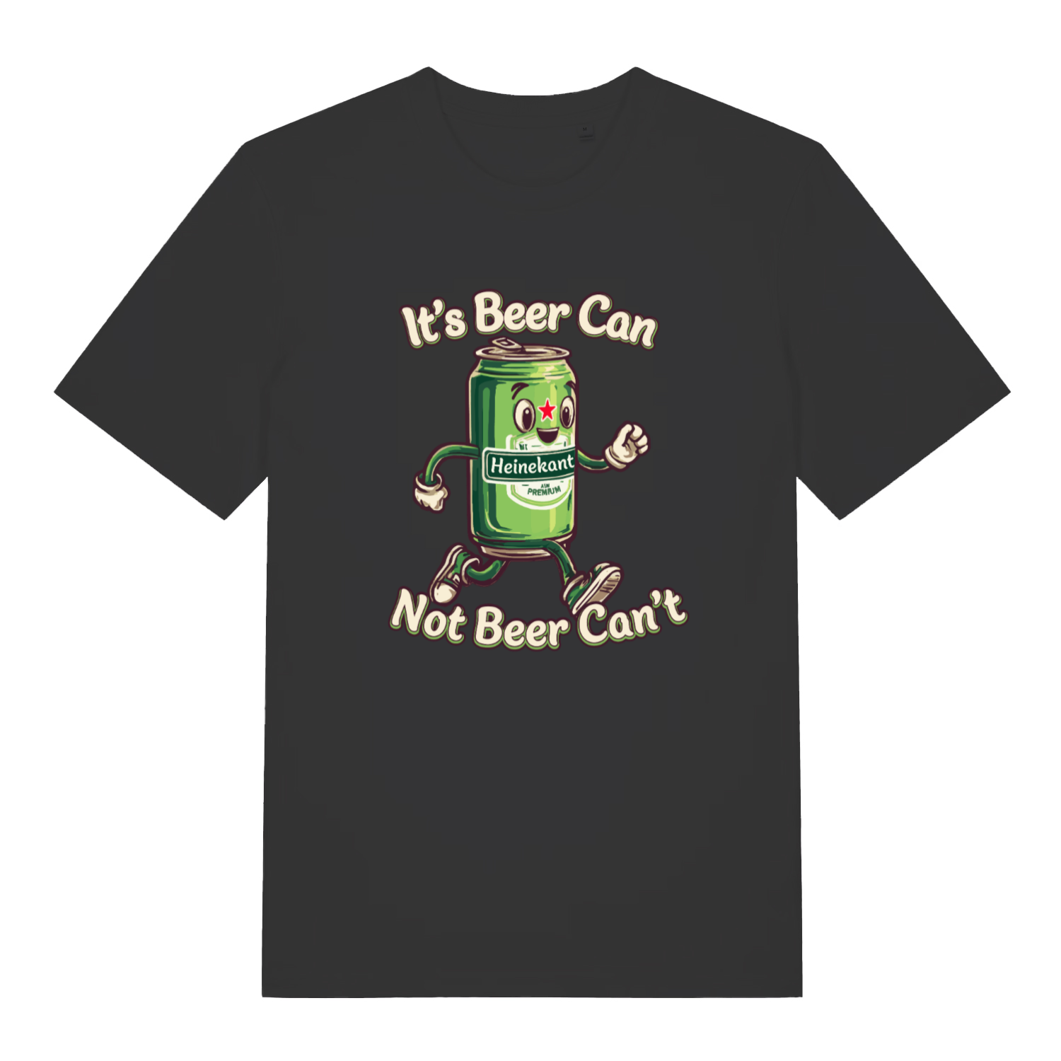Black women's Heinekant T-shirt flat lay with funny cartoon beer can "It's Beer Can Not Beer Can't" pun graphic