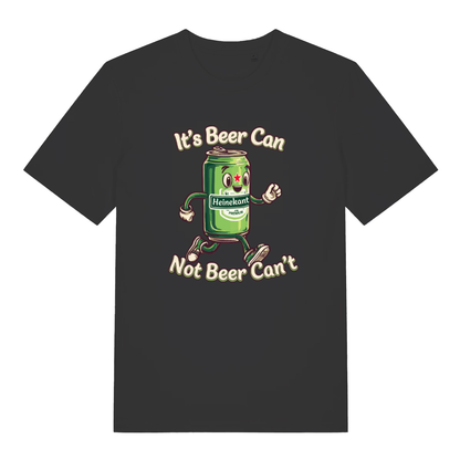 Black women's Heinekant T-shirt flat lay with funny cartoon beer can "It's Beer Can Not Beer Can't" pun graphic