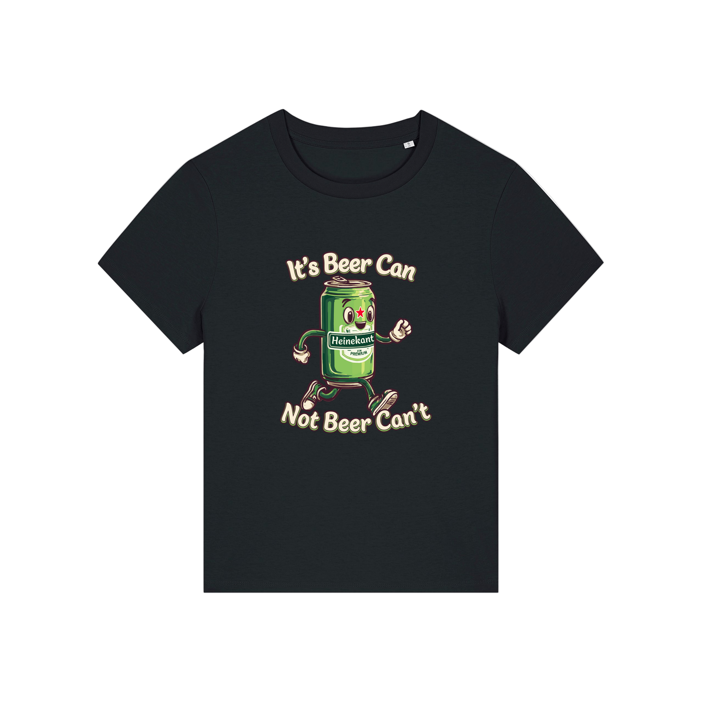 black funny graphic t-shirt with a cartoon beer can and the slogan 'it's beer can not beer can't'