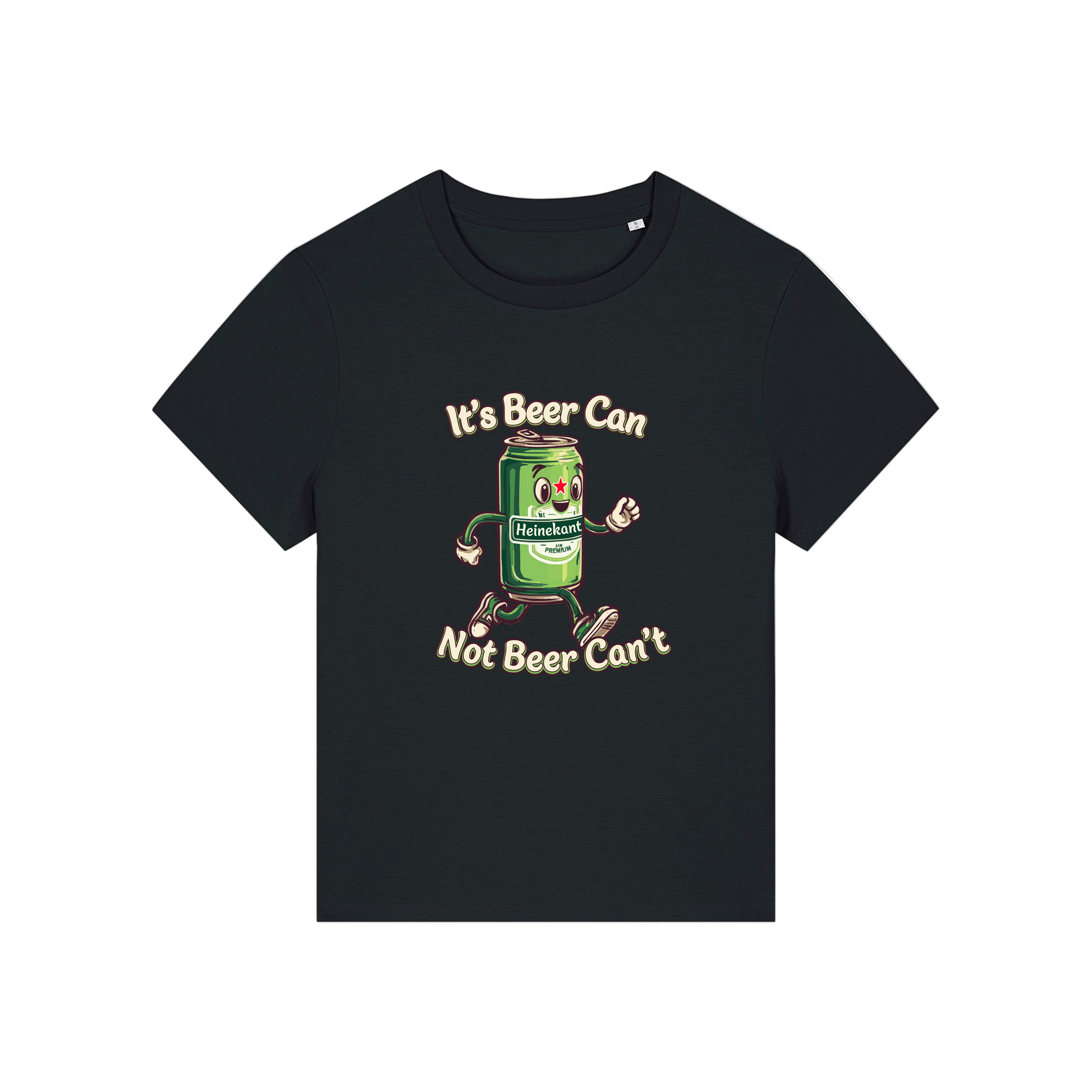 black funny graphic t-shirt with a cartoon beer can and the slogan 'it's beer can not beer can't'