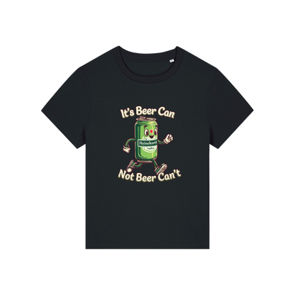 black funny graphic t-shirt with a cartoon beer can and the slogan 'it's beer can not beer can't'