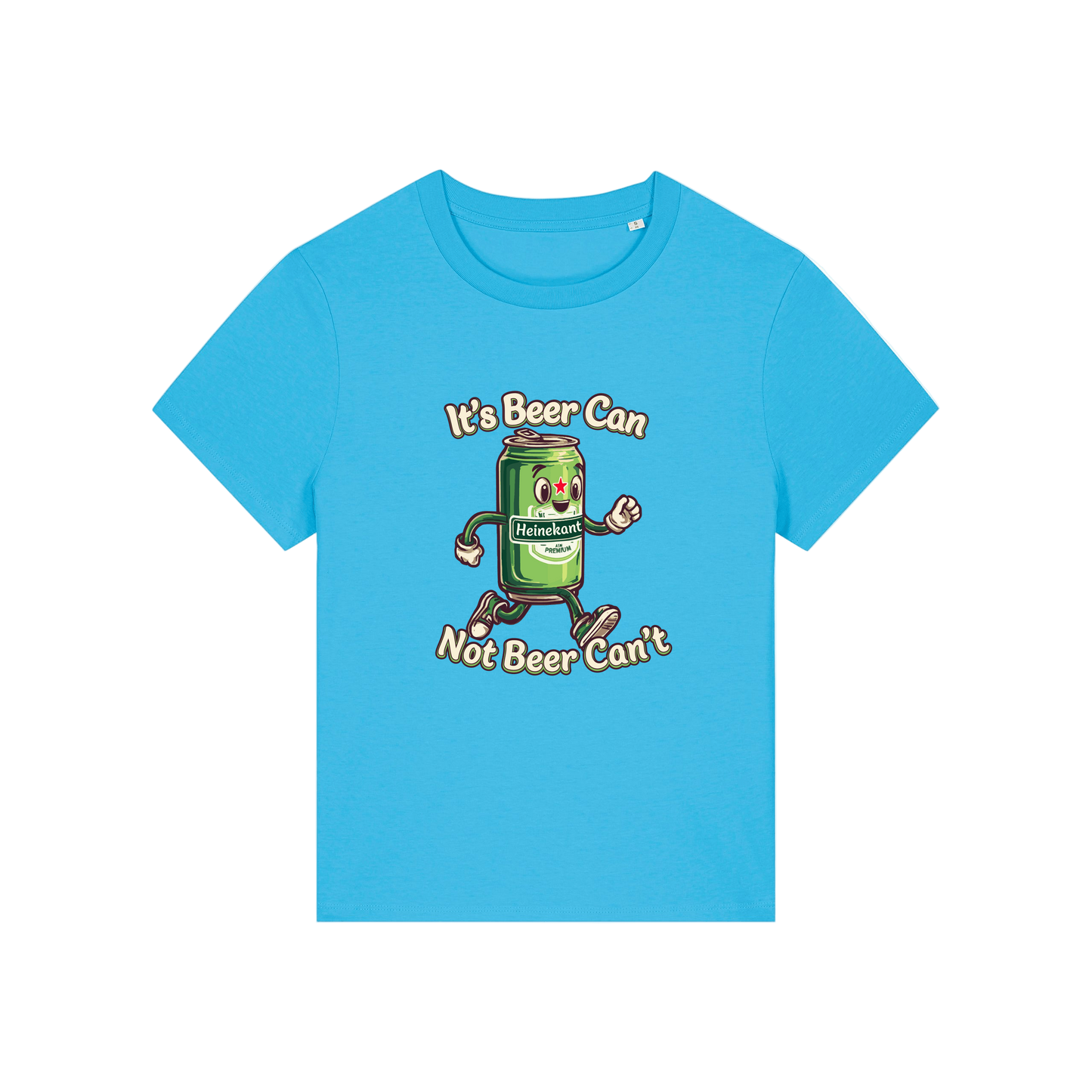 blue funny graphic t-shirt with a cartoon beer can and the slogan 'it's beer can not beer can't'