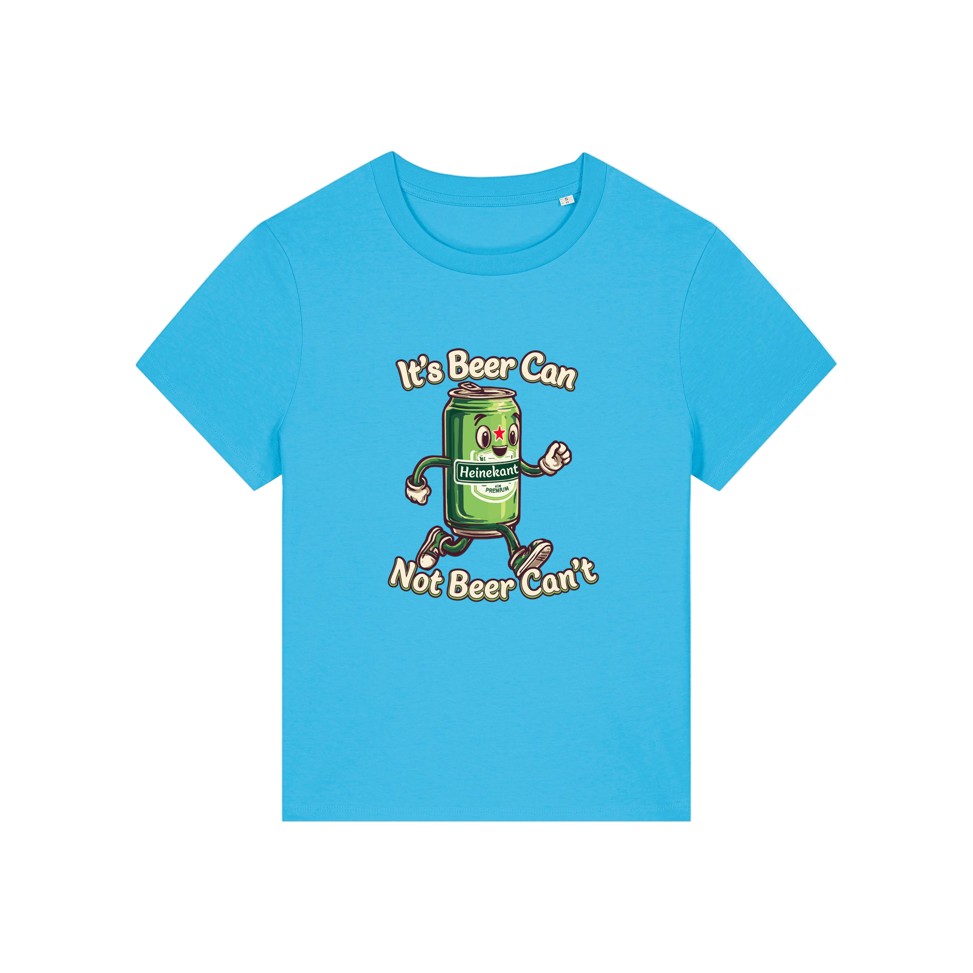 blue funny graphic t-shirt with a cartoon beer can and the slogan 'it's beer can not beer can't'