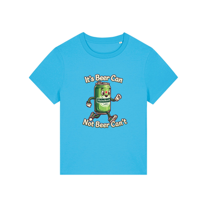 blue funny graphic t-shirt with a cartoon beer can and the slogan 'it's beer can not beer can't'