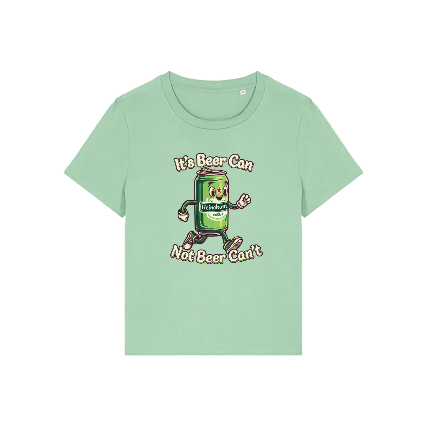 green funny graphic t-shirt with a cartoon beer can and the slogan 'it's beer can not beer can't'