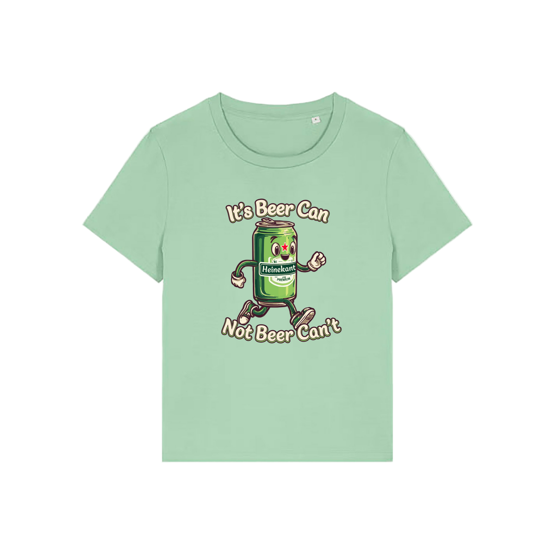 green funny graphic t-shirt with a cartoon beer can and the slogan 'it's beer can not beer can't'
