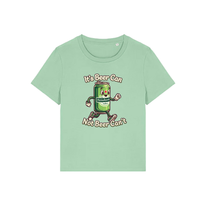 green funny graphic t-shirt with a cartoon beer can and the slogan 'it's beer can not beer can't'