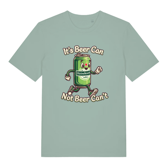 green women's funny graphic t-shirt with a cartoon beer can and the slogan 'it's beer can not beer can't'