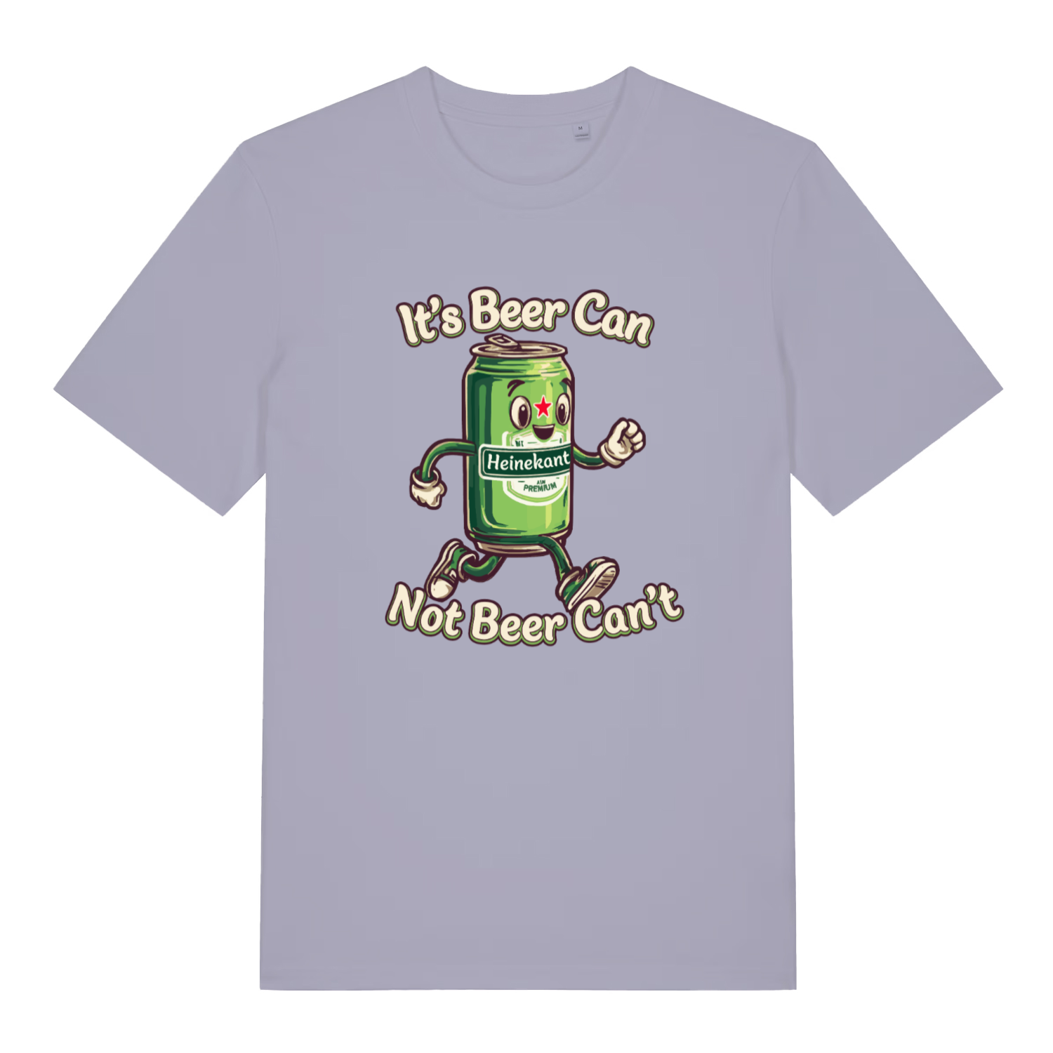 Lavender women's Heinekant T-shirt flat lay featuring running beer can pub banter design