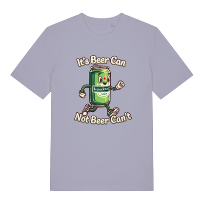 Lavender women's Heinekant T-shirt flat lay featuring running beer can pub banter design