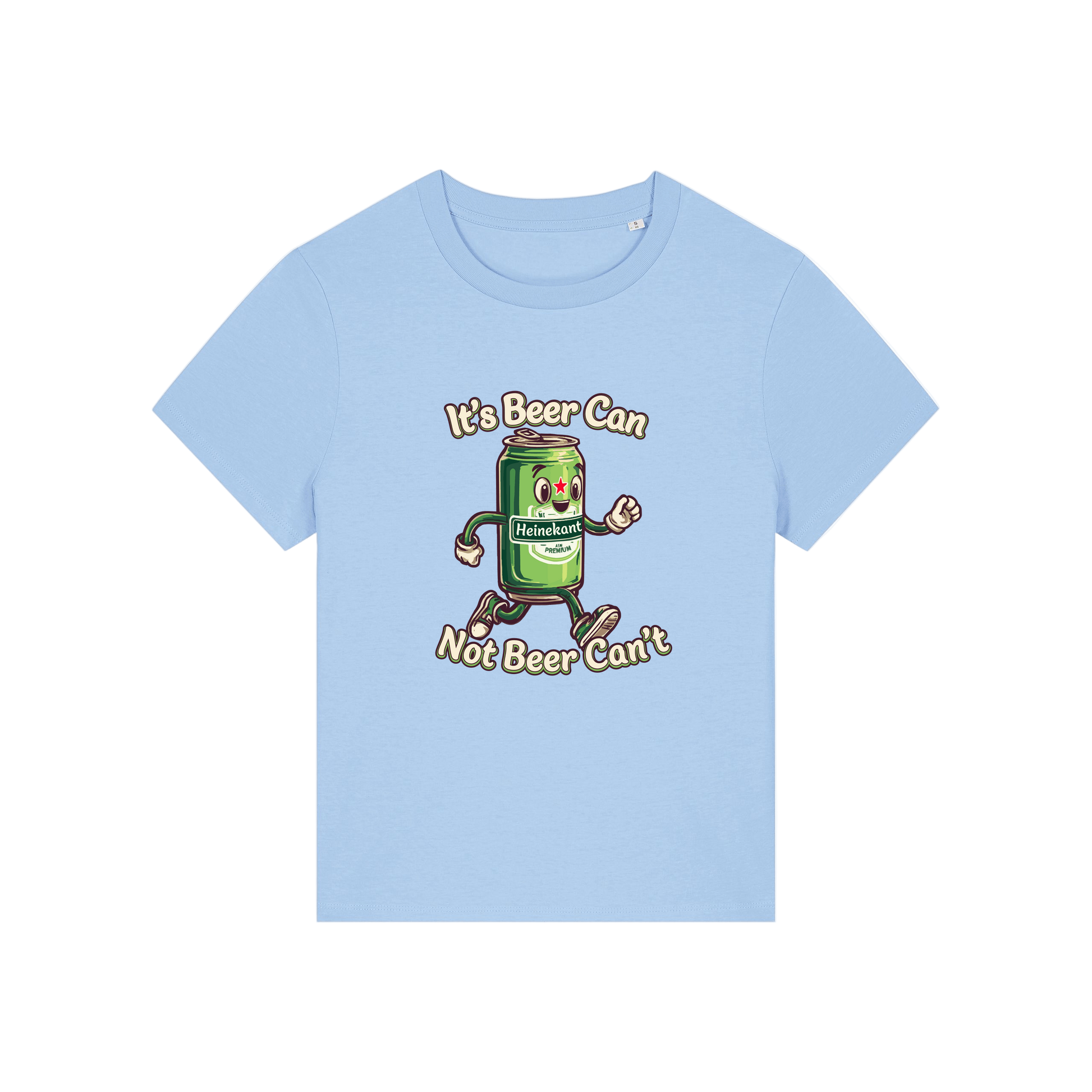 light blue funny graphic t-shirt with a cartoon beer can and the slogan 'it's beer can not beer can't'