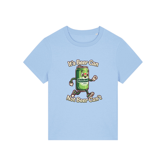 light blue funny graphic t-shirt with a cartoon beer can and the slogan 'it's beer can not beer can't'