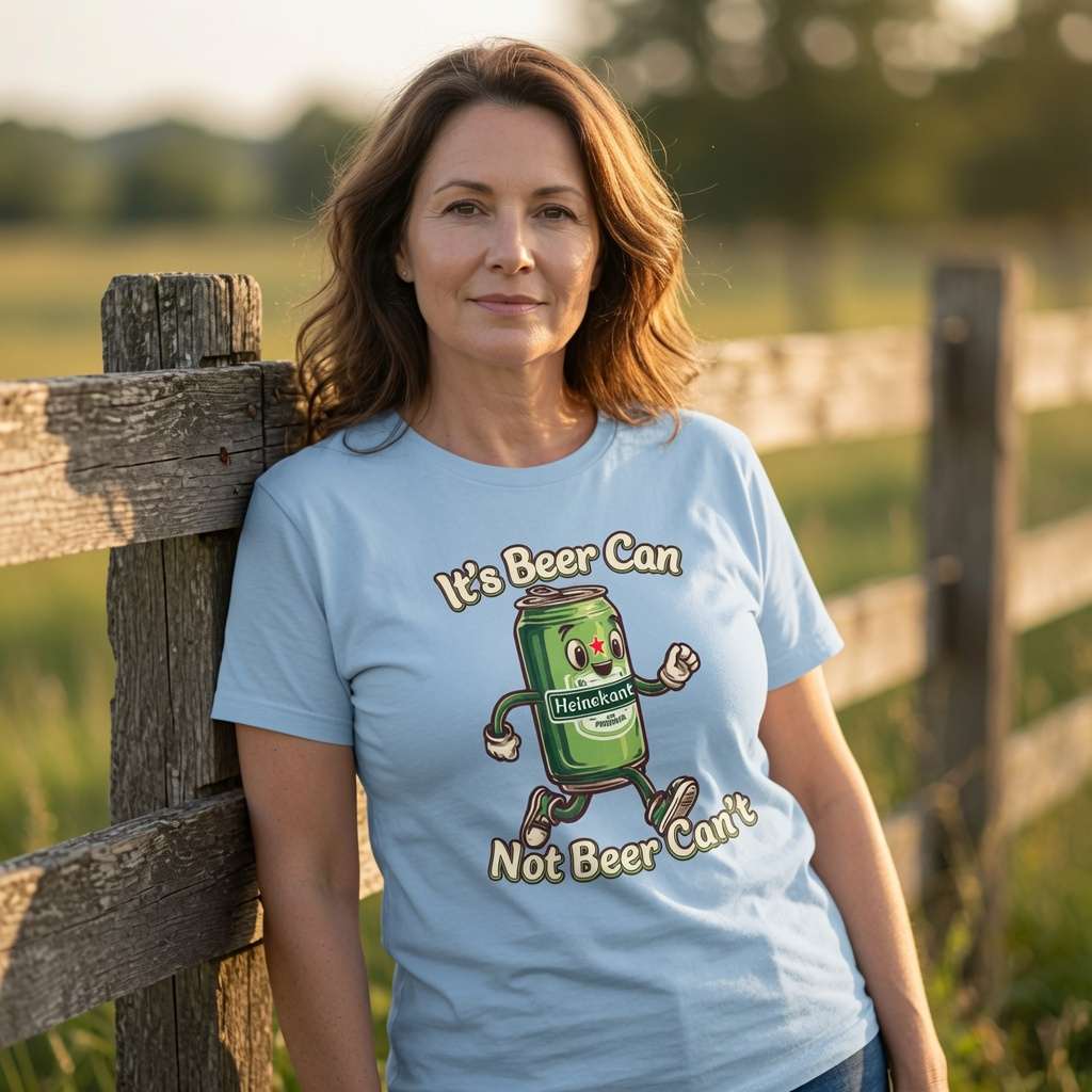 Woman by fence in light blue It’s Beer Can Not Beer Can’t tee, funny ladies pub banter