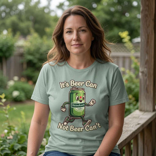 Woman by porch in light green It’s Beer Can Not Beer Can’t t-shirt featuring running Heinekant can, ladies funny pub banter
