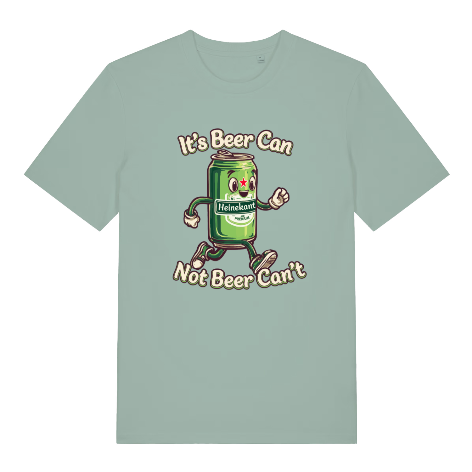 Light Green women's Heinekant T-shirt flat lay with funny cartoon beer can slogan graphic