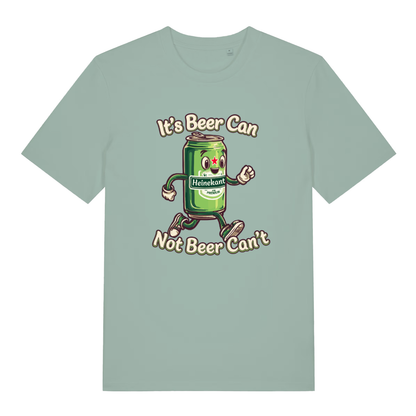 Light Green women's Heinekant T-shirt flat lay with funny cartoon beer can slogan graphic