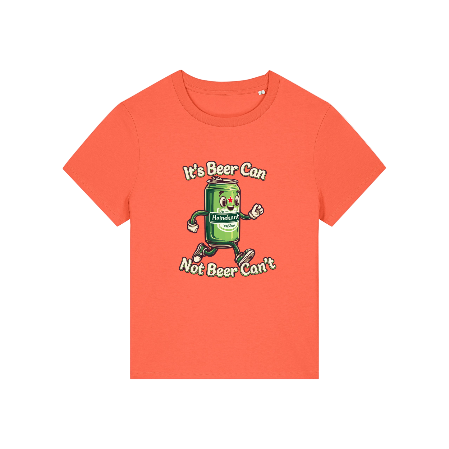 orange funny graphic t-shirt with a cartoon beer can and the slogan 'it's beer can not beer can't'