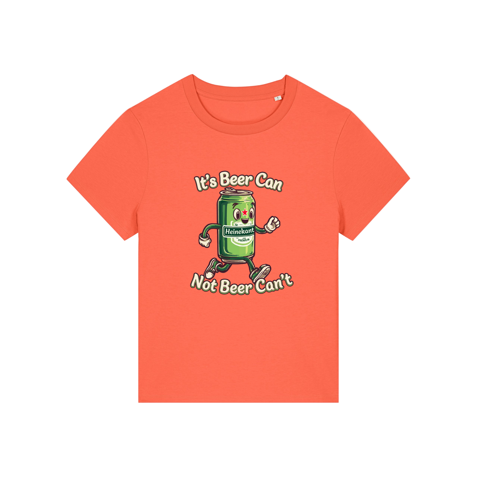 orange funny graphic t-shirt with a cartoon beer can and the slogan 'it's beer can not beer can't'