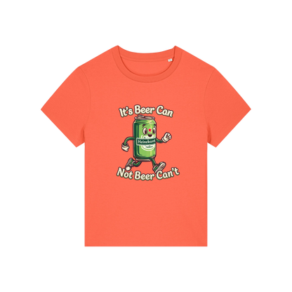 orange funny graphic t-shirt with a cartoon beer can and the slogan 'it's beer can not beer can't'