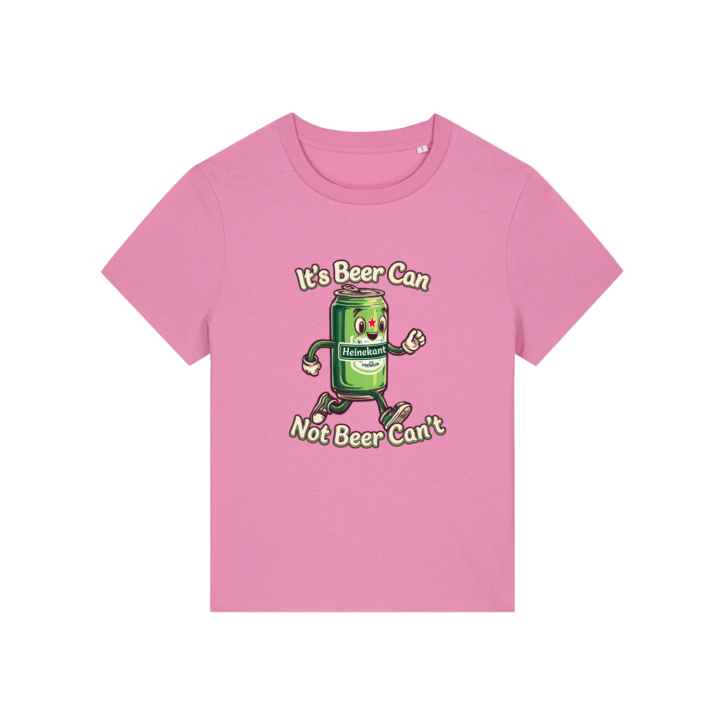 pink funny graphic t-shirt with a cartoon beer can and the slogan 'it's beer can not beer can't'