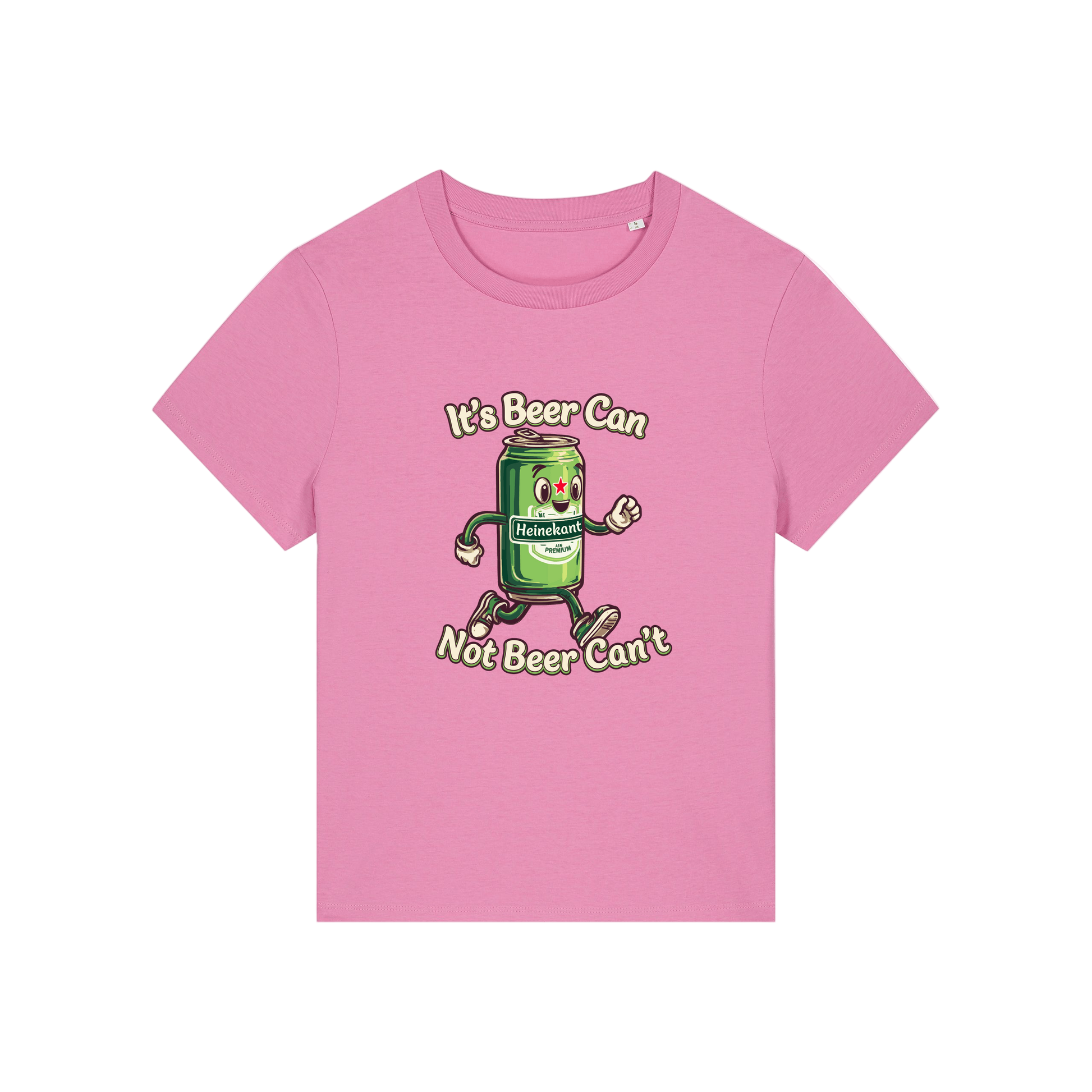 pink funny graphic t-shirt with a cartoon beer can and the slogan 'it's beer can not beer can't'
