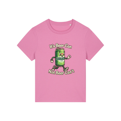 pink funny graphic t-shirt with a cartoon beer can and the slogan 'it's beer can not beer can't'