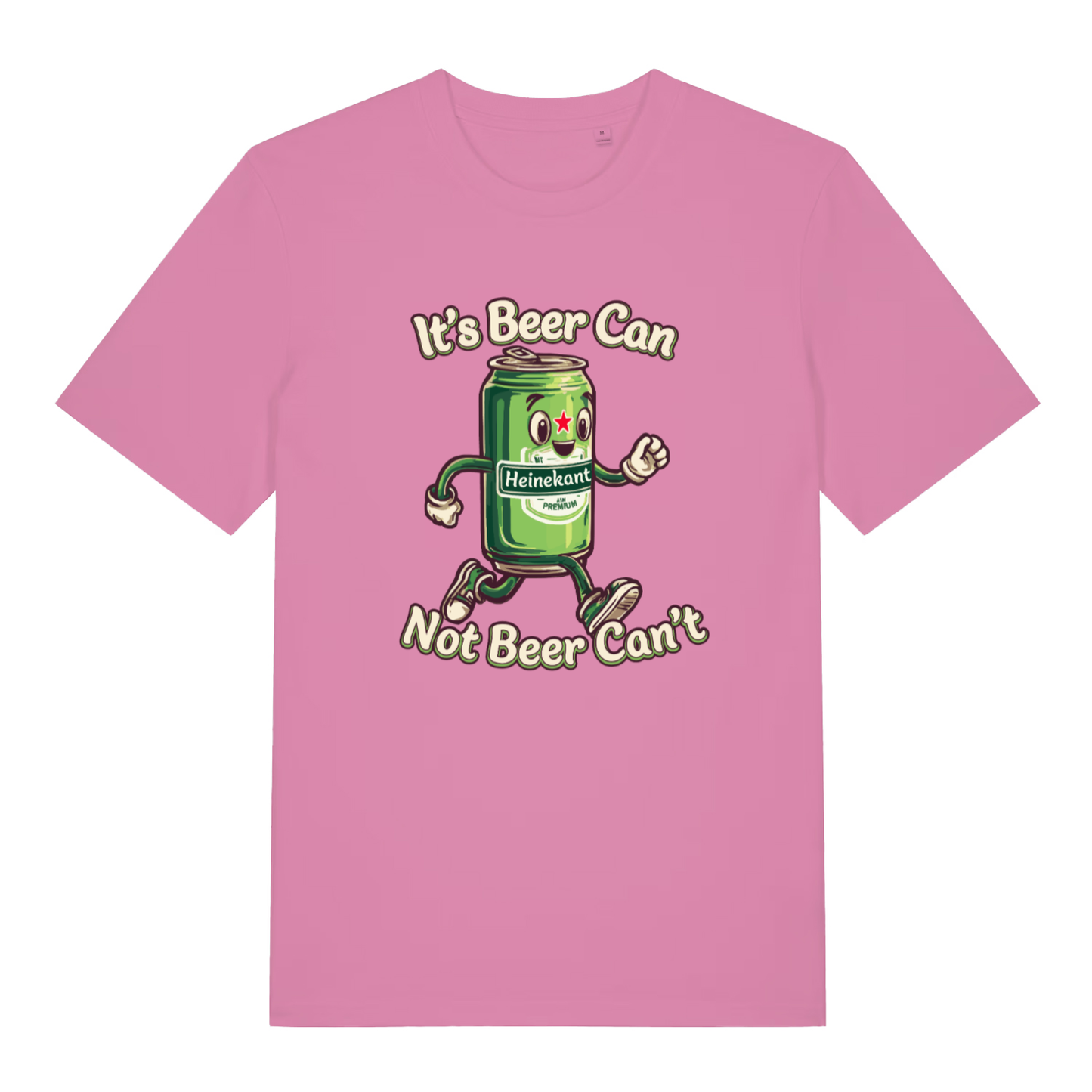 Pink women's Heinekant T-shirt flat lay displaying "It's Beer Can Not Beer Can't" pun design