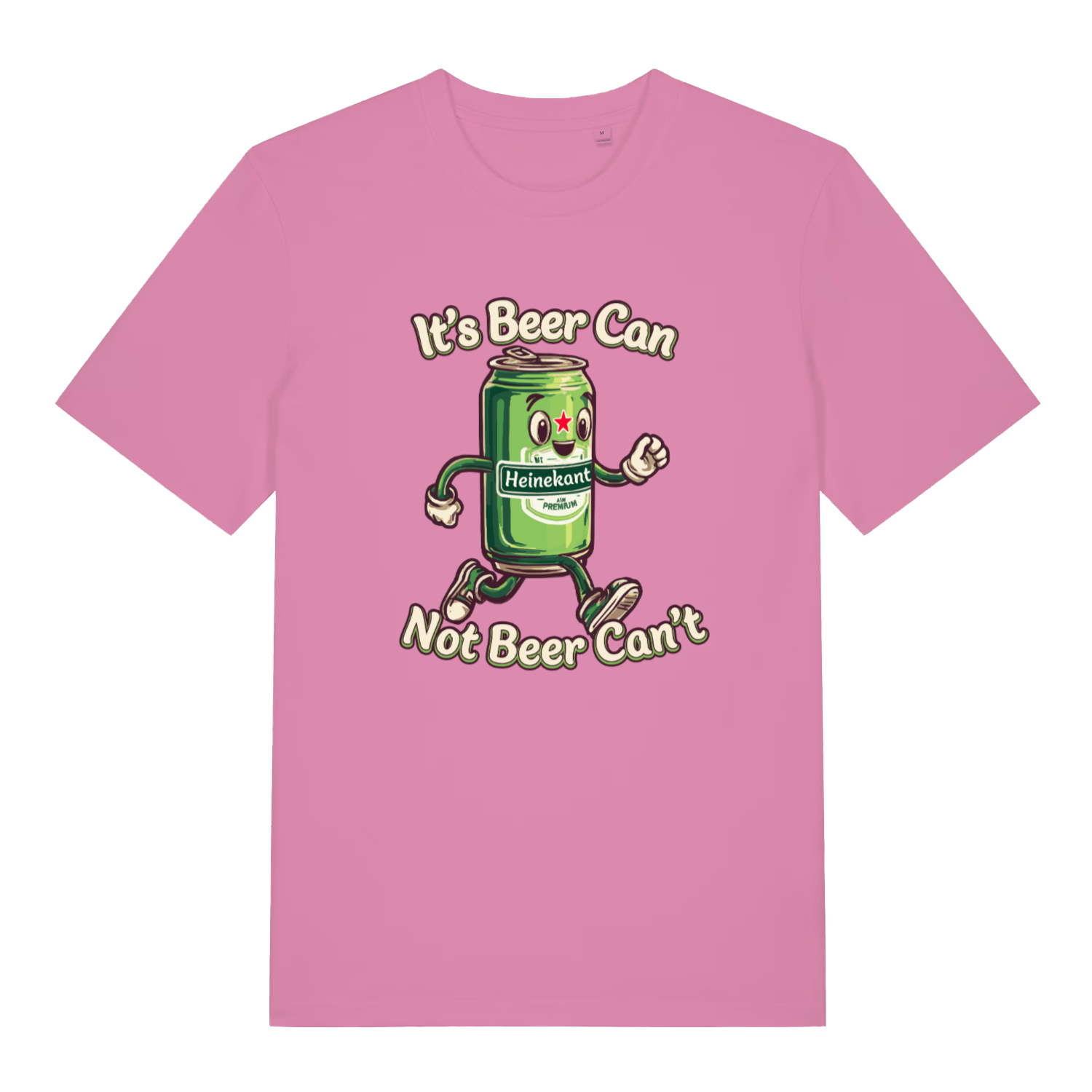 Pink women's Heinekant T-shirt flat lay displaying "It's Beer Can Not Beer Can't" pun design