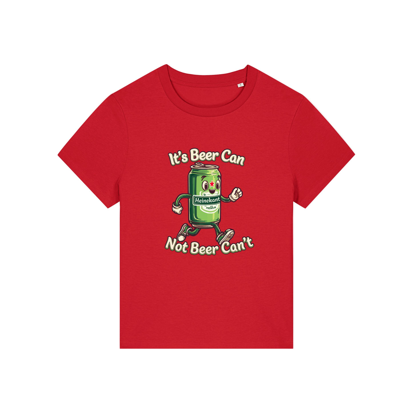 red funny graphic t-shirt with a cartoon beer can and the slogan 'it's beer can not beer can't'