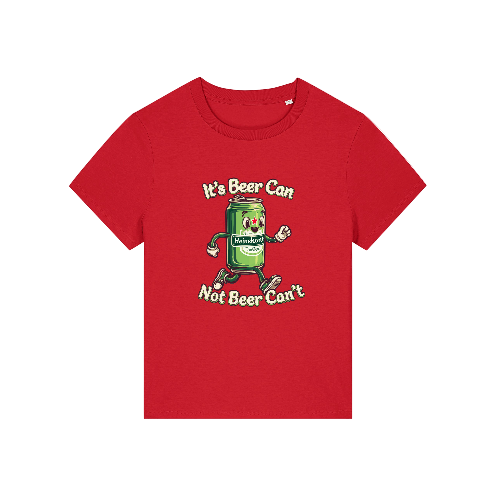 red funny graphic t-shirt with a cartoon beer can and the slogan 'it's beer can not beer can't'