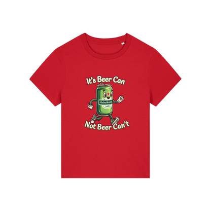 red funny graphic t-shirt with a cartoon beer can and the slogan 'it's beer can not beer can't'