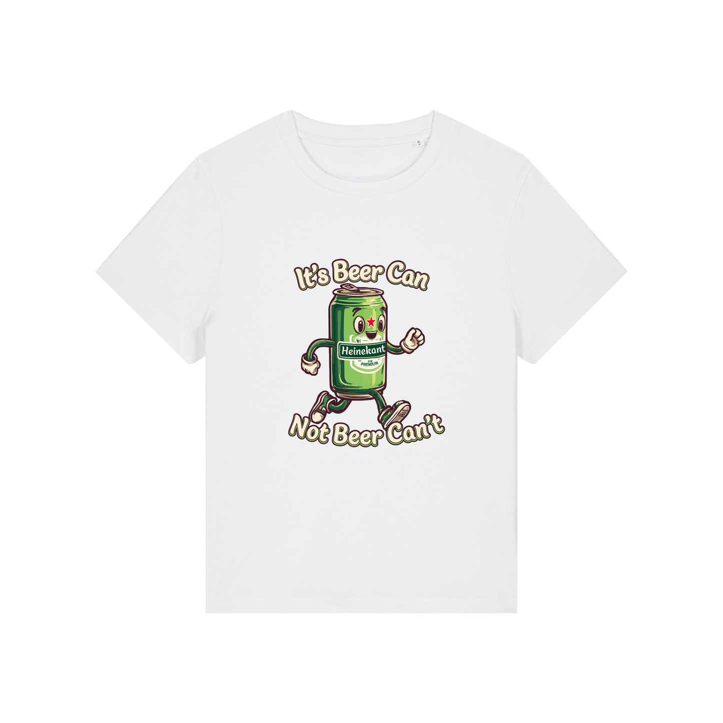 white funny graphic t-shirt with a cartoon beer can and the slogan 'it's beer can not beer can't'