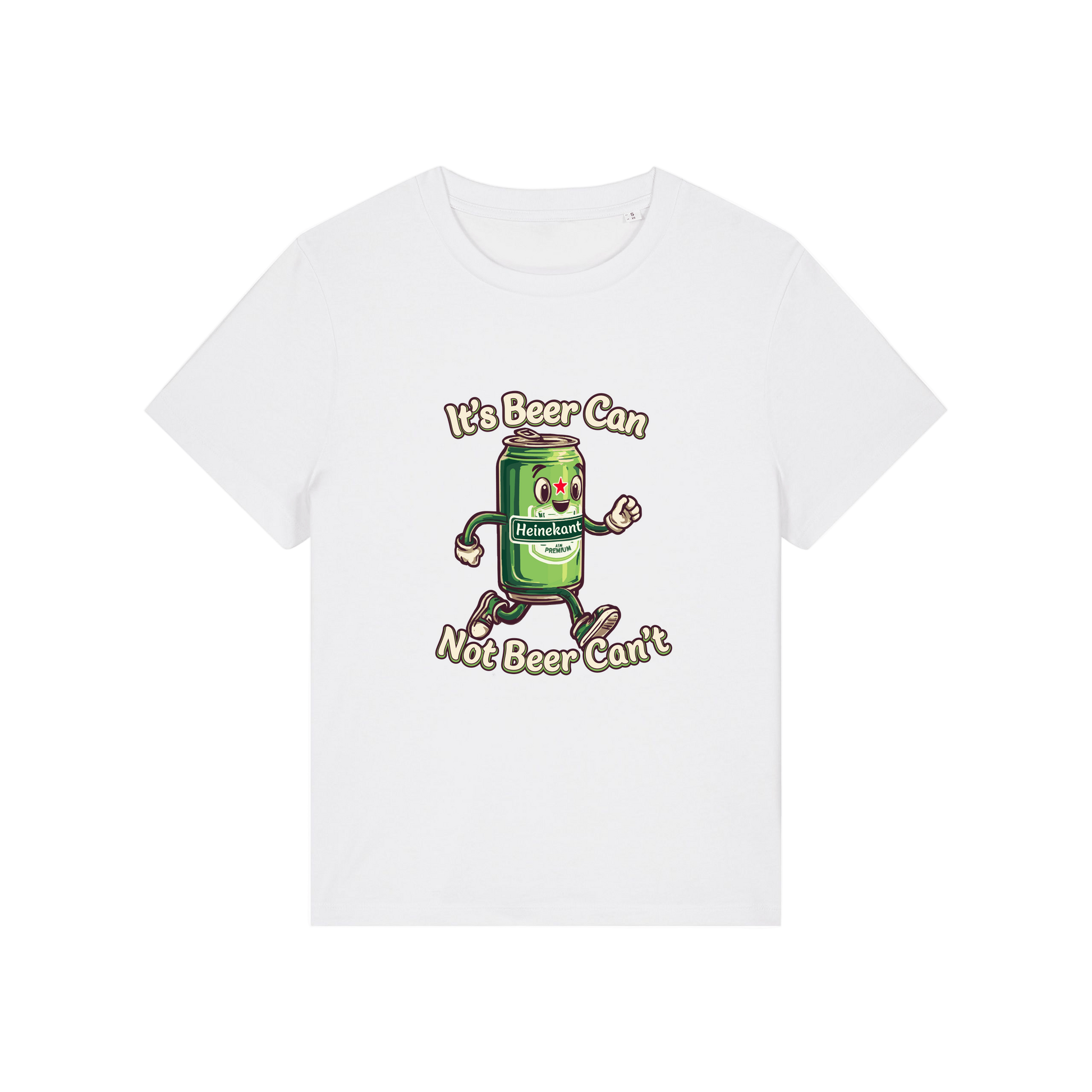 white funny graphic t-shirt with a cartoon beer can and the slogan 'it's beer can not beer can't'
