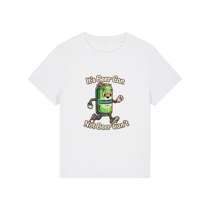 white funny graphic t-shirt with a cartoon beer can and the slogan 'it's beer can not beer can't'