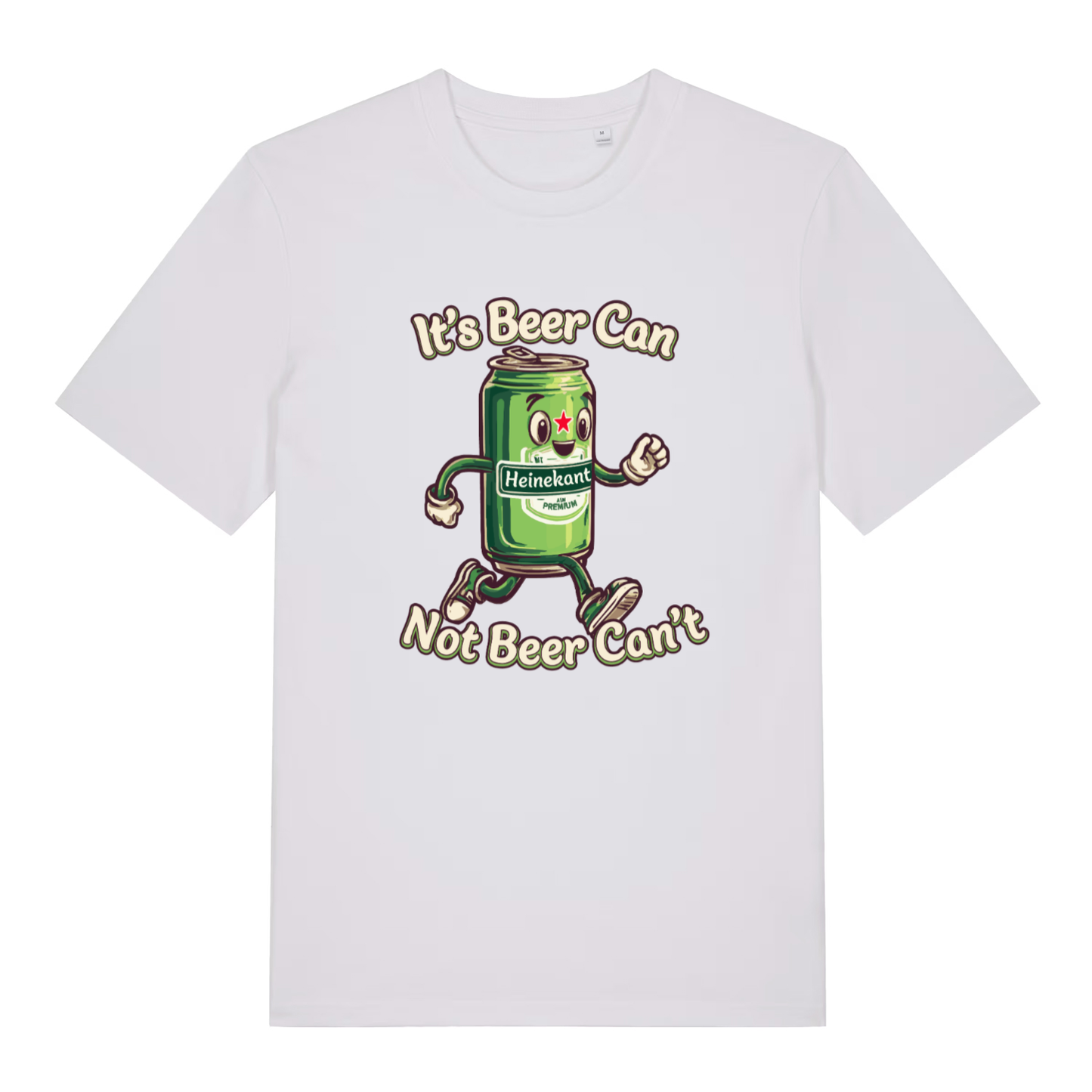 White women's Heinekant T-shirt flat lay with cheerful running beer can beer pun illustration