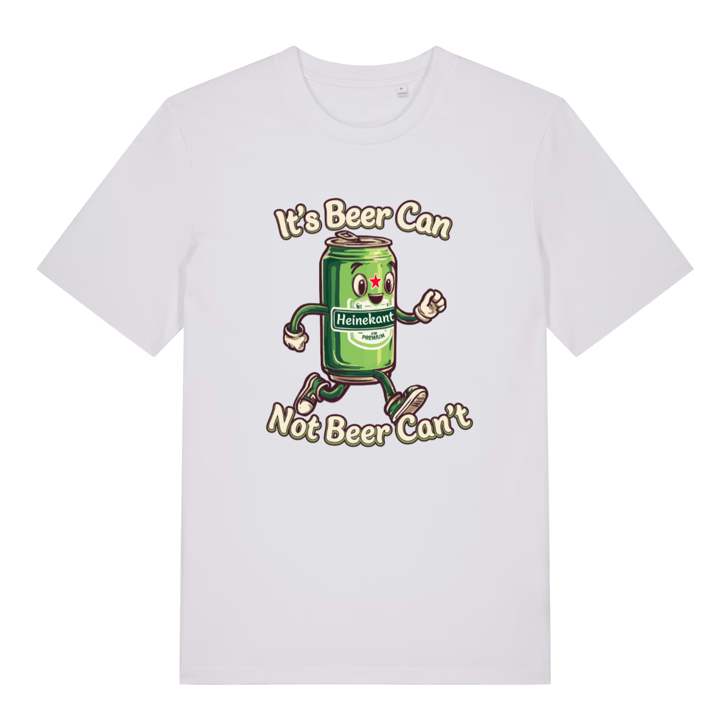 White women's Heinekant T-shirt flat lay with cheerful running beer can beer pun illustration