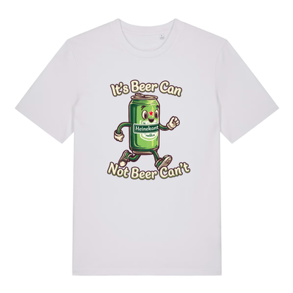 White women's Heinekant T-shirt flat lay with cheerful running beer can beer pun illustration