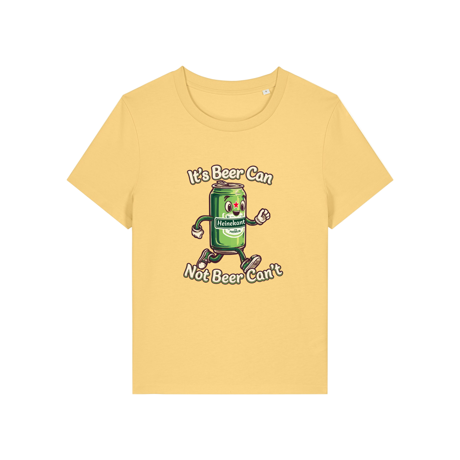yellow funny graphic t-shirt with a cartoon beer can and the slogan 'it's beer can not beer can't'