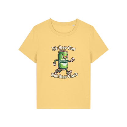 yellow funny graphic t-shirt with a cartoon beer can and the slogan 'it's beer can not beer can't'