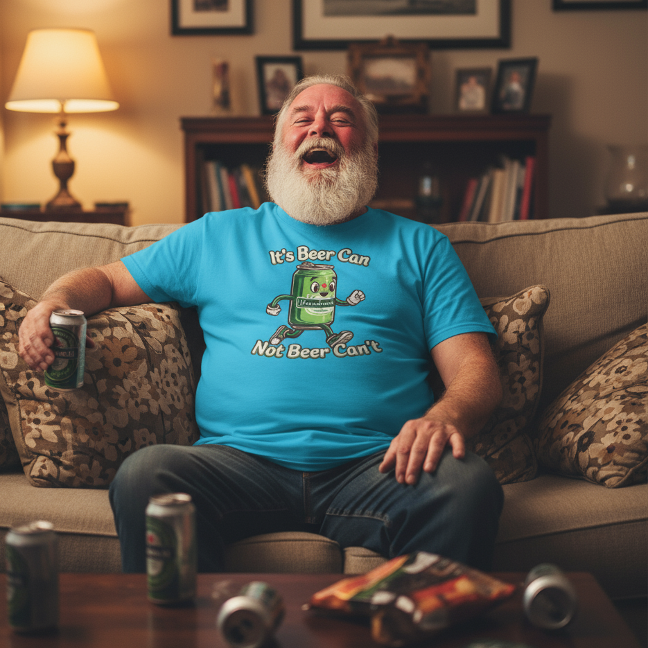 Man sitting on a couch wearing a blue funny dad t-shirt with a humorous graphic and text, surrounded by beer cans and snacks.