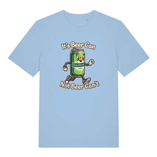 light blue t-shirt with a cartoon Heineken can graphic and the slogan 'its beer can not beer can't'