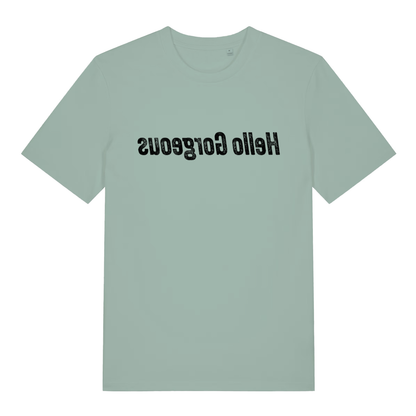 Aloe women's Hello Gorgeous mirror T-shirt flat lay with upside-down "Hello Gorgeous" slogan