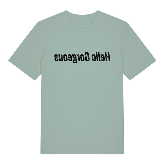 Aloe women's Hello Gorgeous mirror T-shirt flat lay with upside-down "Hello Gorgeous" slogan